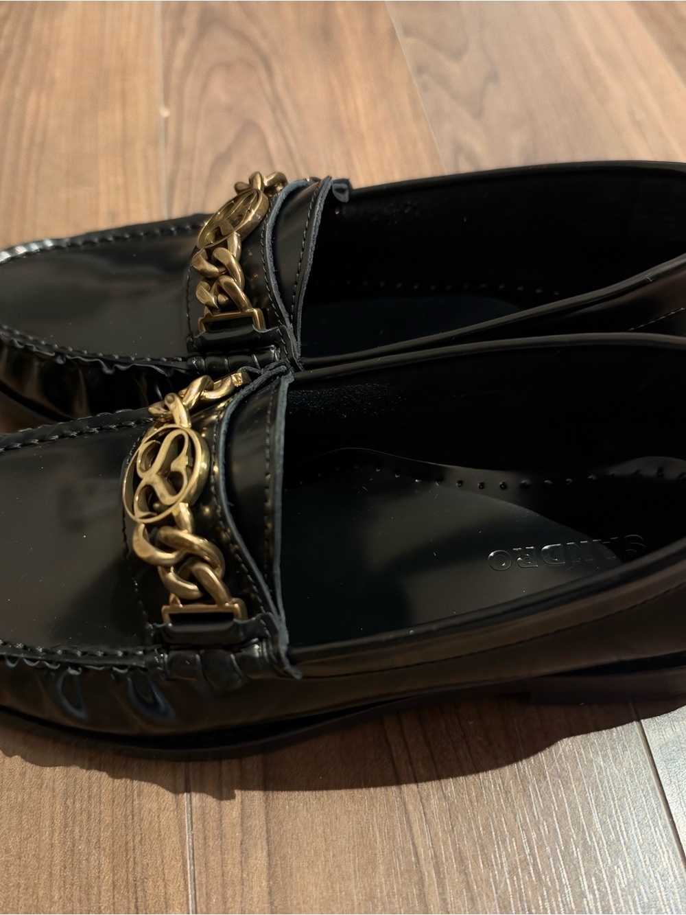Sandro Black Patent Loafers with Gold Chain
